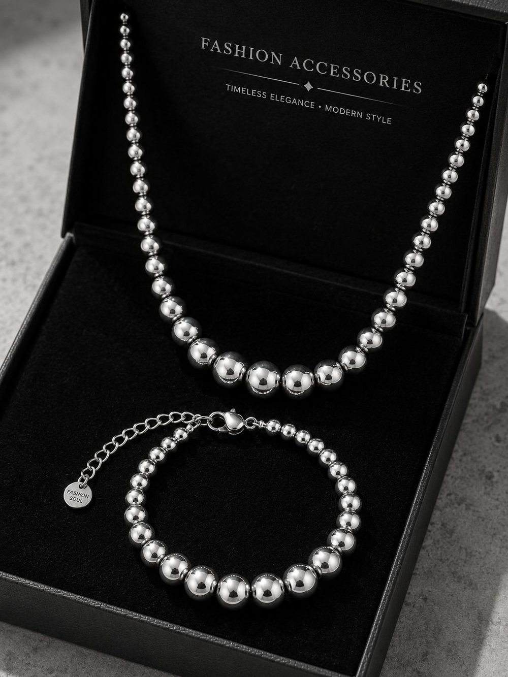 Polished Silver Bead Necklace & Bracelet Set